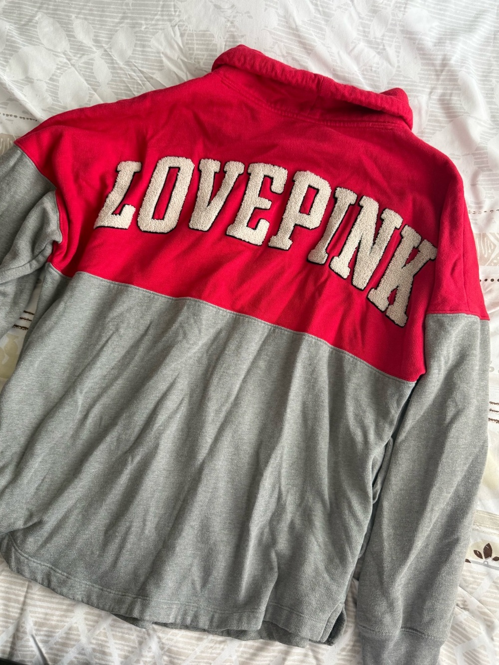 PINK Victoria's Secret Two-Tone LOVE PINK Fleece Pullover - Red & Gray